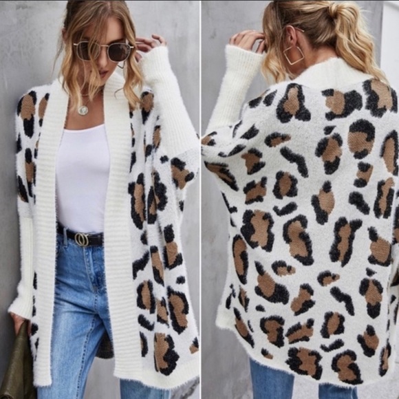 Sweaters - Leopard Print Open Front Cardigan Dolman Sleeves and Relaxed Bodice